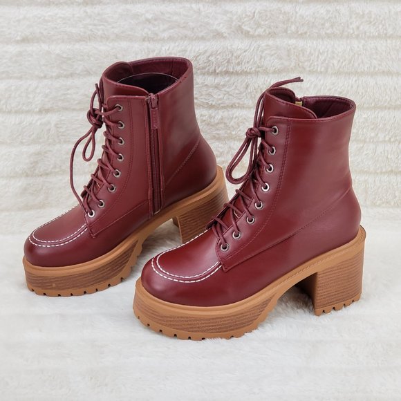 Light Weight Cherry Wine Wood Look Chunky Platform Combat Boots - Picture 2 of 10